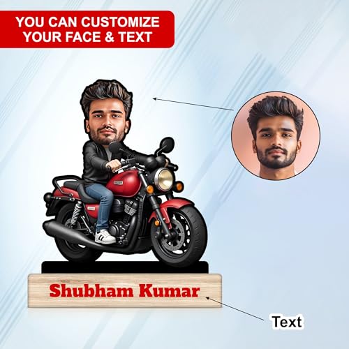 Image of Regalo Casila Personalized Motorcycle Rider Caricature With 6 Inches Wooden Stand - Character Photo Frame for Friends, Boys, Father, Boyfriend - Customized Gift
