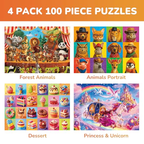 BenBen 4 Pack Puzzles para Niños 4-6 y 6-8 años, 100 Piezas, Temas Unicornio Princesa, Animales del Bosque, Postres, Rompecabezas Educativos 15.75" x 11.75" miniatura 2