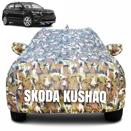 Image of 100% Waterproof Car Body Cover for Skoda Kushaq with Mirror Pocket (Heat & UV Resistant, Triple Stitched, Soft Lining, Bottom Elastic & Piping) Camouflage, Military Print