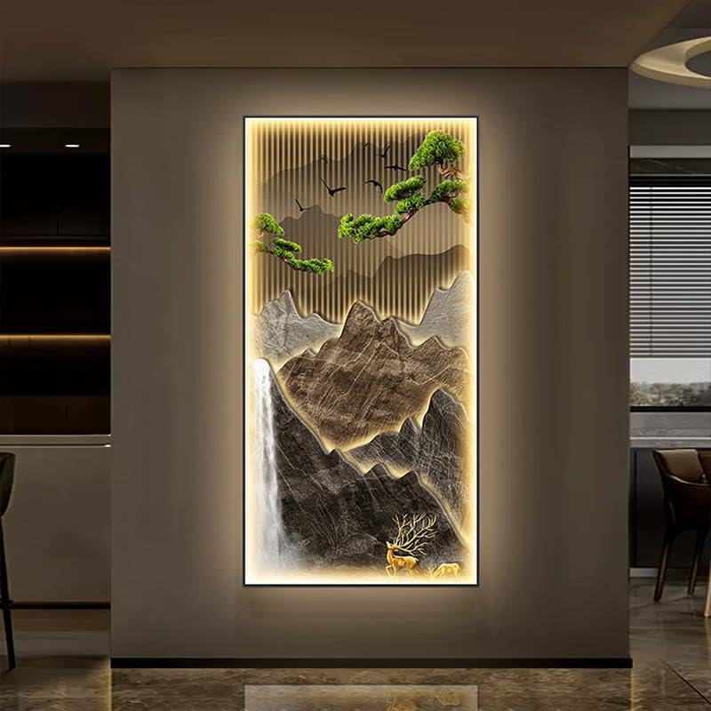 Amazon.com: Ecqizer 迎客松新中式玄关装饰画入户正对门挂画灯画轻奢