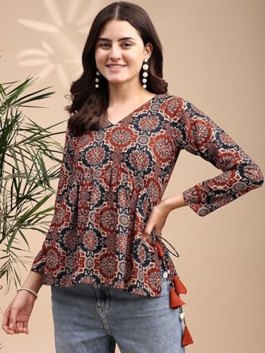 Image of MAHIRA'S Women's Short Kurti, Black Rayon Tunic Top with Embroidered Sleeves, 3 /4 Designer Sleeves