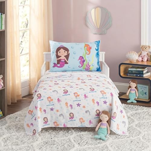 Everyday Kids 3-Piece Toddler Fitted Sheet, Flat Sheet and Pillowcase Set - Mermaids Undersea Adventures - Soft Breathable Microfiber Girls Toddler Bed Sheets Set