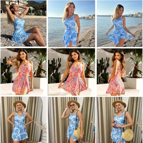 Swim Suits for Women 2025 Two Piece Tankini Swimsuits for Women Tummy Control Split Swimdress Skirt Ruched Modest Bathing Suits with Boyshort(Blue-White Plant Print M) - Image 6