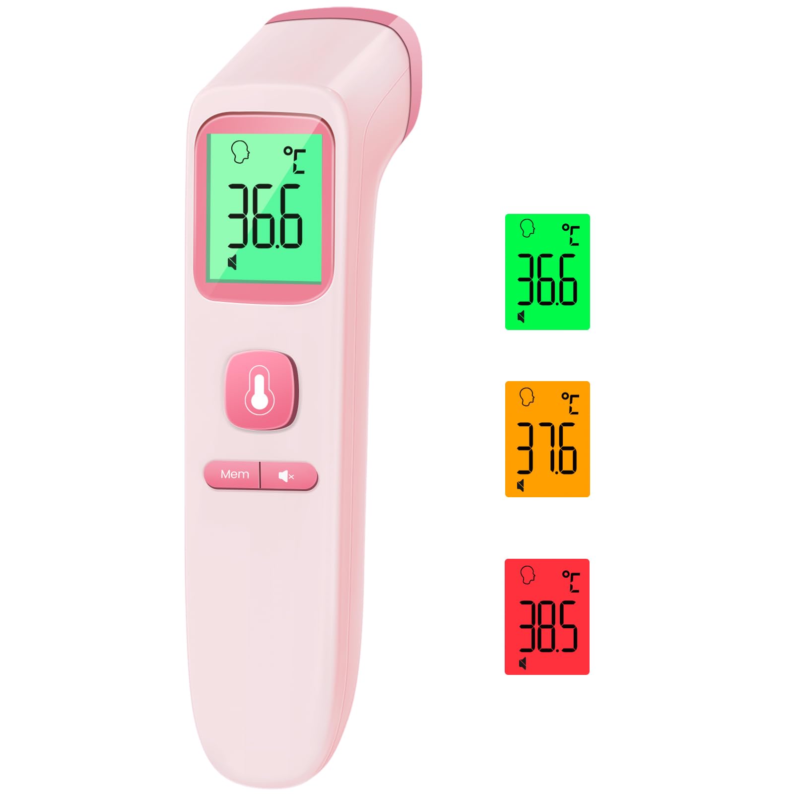 Fieberthermometer Kontaktlos, Stirnthermometer mit sofortigen genauen Messwerten, Fieberalarm, LCD-Anzeige und 35 Speicherabruf, Digitales Infrarot Thermometer für Kinder und Erwachsene (Rosa)