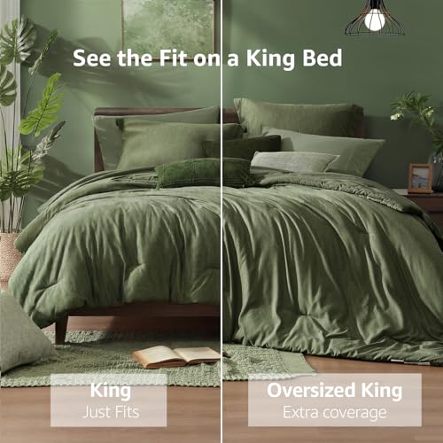 Image of Monbix Oversized King Comforter Set - 7 Pieces Cationic Dyeing Olive Green Bed in a Bag Bed Sets with Comforter, Sheets, Pillowcases & Shams, Reversible Bedding Comforters Sets (120 * 98)
