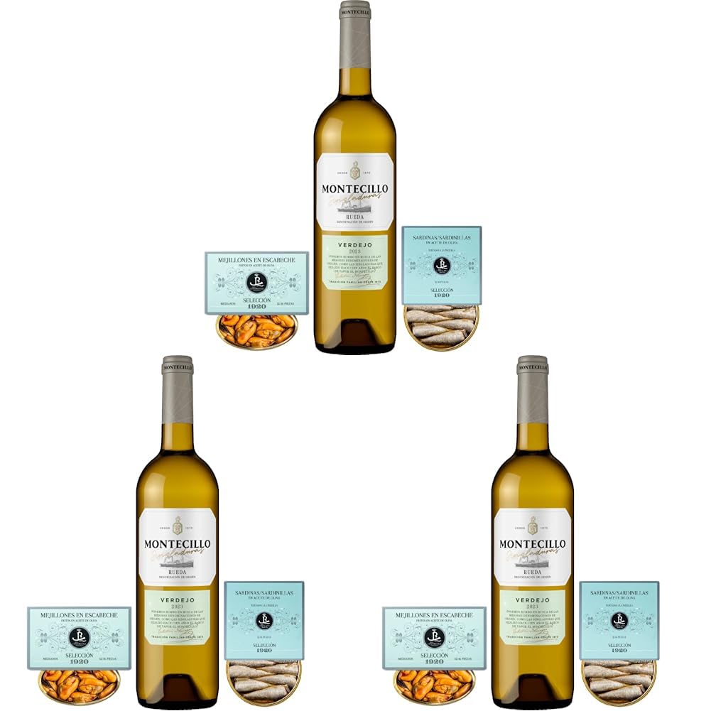 Pack aperitivo - Montecillo Blanco Verdejo 75cl + Sardinillas 120gr y Mejillones 120gr Selección 1920 (Paquete de 3)