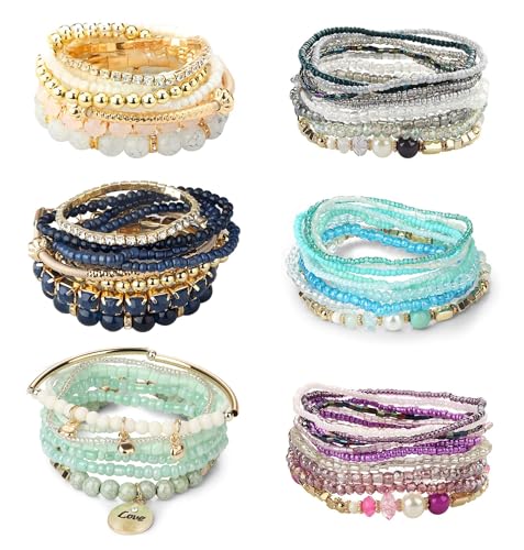 LOYALLOOK 6 Sets Bohemian Stackable Bead Bracelets for Women Stretch Bohemian Style Stretch...
