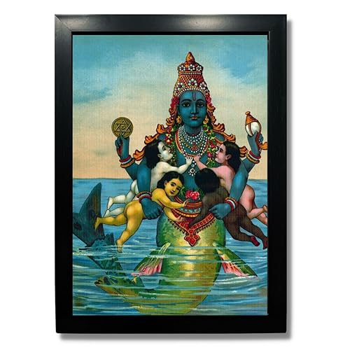Image of Kagaz Kala Wood - Vintage Art Prints - Hindu God Photos With Frames For Pooja Room Bedroom Living Room Decor Gifts Framed (Matsya, Avatar Of Vishnu), 12.2 Inch