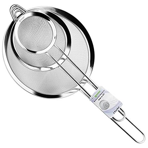 ipow Thicker Finer Wire Mesh Kitchen Sieve Set with Rim - 7, 12 & 18 cm, Flour Sieve for Baking, Dishwasher Safe, Solid Weld Handle Stainless Steel Strainer Upgraded Version Cover