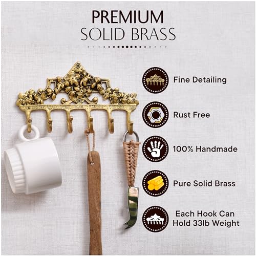 Indian Shelf BTH-205-1 Gold Vintage Wall Hooks For Keys- Boho Key Holder For Wall Decor- Victorian Brass Coat Hooks- 6 Prong Decorative Key Hooks thumb #2