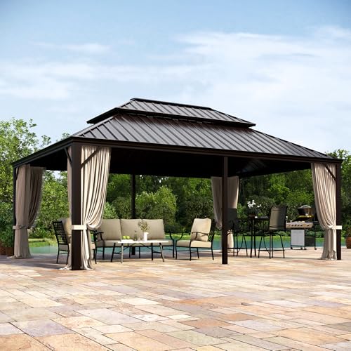 MIXPATIO 14' x 20' Hardtop Gazebo, Galvanized Steel Metal Double Roof Gazebo, Permanent Outdoor Metal Pavilion with Curtain and Netting for Deck, Backyard, Patio, Lawns