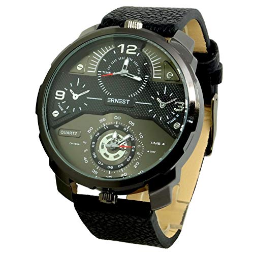 Montre Homme Mr Daddy 2.0 Noir Black Carbone Cuir Noir 2 FUSEAUX HORAIRE XXL
