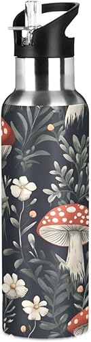 Insulated Stainless Steel Water Bottle with Straw 20 Oz, BPA-Free Sport Water Bottle for Gym Outdoor Travel School, Red Mushrooms White Flowers