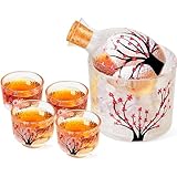 Irenare 6 Pcs Japanese Sake Set for 4, Pink Cherry Blossoms Sake Bottle Cups Set Including 1 Bottle 1 Tank and 4 Cups for Cold Hot Warm Carafe Japanese Christmas Gifts