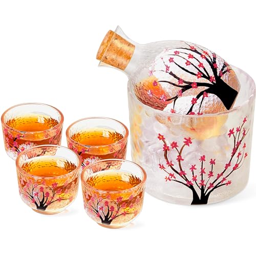 Irenare Japanese Sake Set for 4 Saki Cup Set Pink Cherry Blossoms Sake Bottle Cup Set Including 1 Sake Bottle 1 Sake Tank and 4 Sake Cups for Cold Hot Warm Sake Carafe, Japanese Gifts