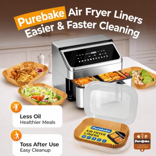 Image of Purebake Air Fryer Disposable Paper Liners | 100 Pcs Rectangle Parchment Sheets | Food-Grade, Non-Stick, Oilproof, Waterproof | Heat-Resistant up to 450F | Brush & Mittens Included