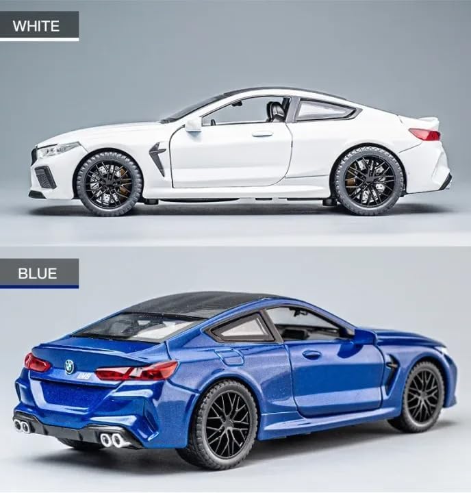 Image of WORSHIPER 1:32 B-M-W M8 Scale Alloy Diecast Sports Car Model with Sound & Light, Openable Doors & Hood, Pull Back Toy Car for Kids Boys, Collectible Mini Car Gift (1:32 B-M-W M8 - Multicolor)