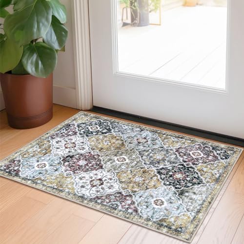 KILOCOCO 2x3 Area Rug, Moroccan Super Soft Entryway Rugs Indoor Vintage Washable Rug Non-Slip Indoor Door Mat, Accent Print Faux Wool Throw Rug for Laundry Kitchen Bedroom Entrance, Gold/Multi