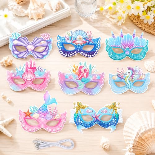 Máscaras de sirena Konsait de papel infantil con cuerda elástica pack de 16 unidades para disfraz 4