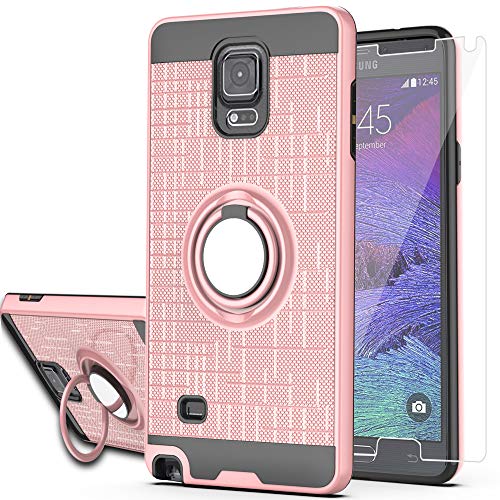 Note 4 case Galaxy Note 4 Case with HD Screen Protector,Ymhxcy 360 Degree Rotating Ring & Bracket Rubber Dual Layer Shock Bumper Resistant Back Cover for Samsung Galaxy Note 4-ZH Rose Gold