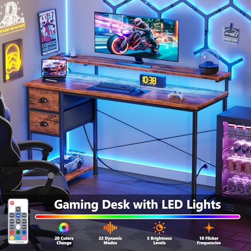 Korfile 55 Inch Computer Desk with Power Outlets & LED Lights, Home Office Desk with Storage Drawers and Monitor Stand, Writing Work Study Desk for Bedroom Living Room - Thumbnail 5