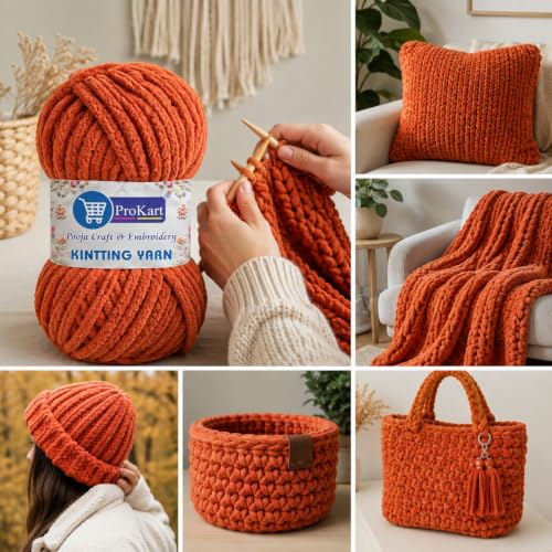 Image of ProKart Premium Blankie Wool, Plush & Cuddly, Blanket Thick /Mottu Yarn Ball Suitable for Hand Knitting, Adult, Sweaters, caps, Throws, Scarves, Blankets (Carrot, 100gms x 1 Pack)