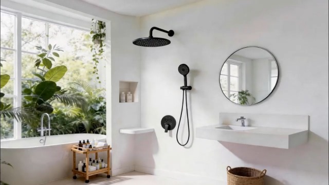 Set de Ducha Eléctrica VANCOCO Negro con Cabezal Redondo de 10 Pulgadas y Rociador de Mano - Sistema Completo de Ducha de Montaje en Pared con Válvula y Accesorios Incluidos (Negro Mate) miniatura 7