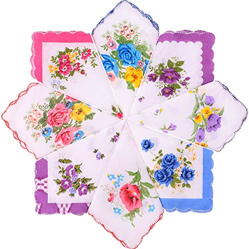 8 Pieces Ladies Hankies Soft Floral Handkerchiefs Vintage Embroidery Handkerchiefs Cotton Handkerchiefs for Women Girls, Different Random Styles