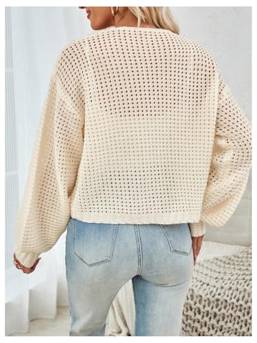 Image of MakeMeChic Women's Crochet Lightweight Cardigan Sweaters Tie Front Hollow Out Knitted Long Sleeve Cardigan Apricot X-Large