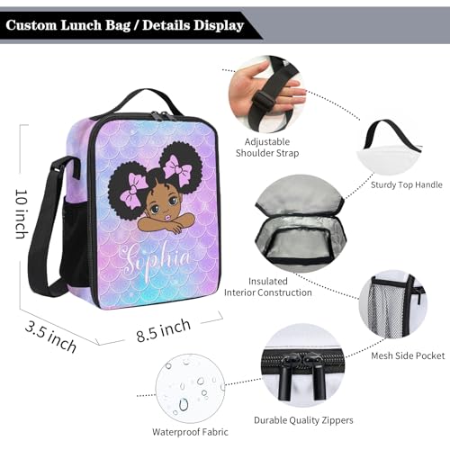 Custom Backpack School Bag for Girls Kids, Personalized Backpacks Bookbag with Lunch Box Water Bottle Pencil Case 4 Sets, Mermaid Black Girl Casual Daypacks Shoulder Bags for Elementary Preschool4