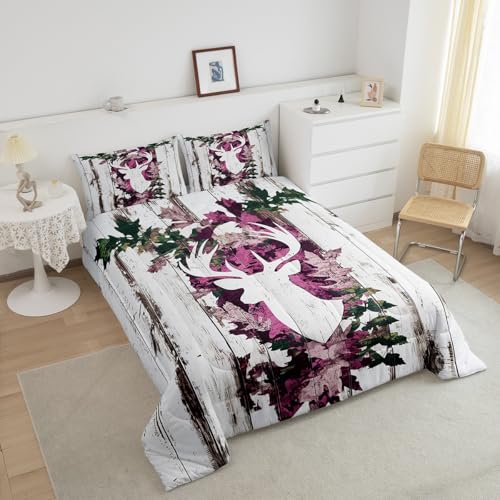 Image of Feelyou Deer Hunting Comforter Size Pink Camo Deer Bedding Set Boys Girls Deer Antlers Army Camouflage Comforter Western Duvet Insert with 1 Pillow Case
