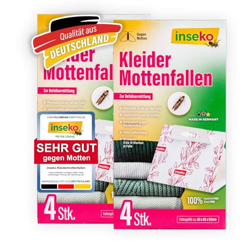 inseko 8X Kleidermottenfalle mit maximaler Lockwirkung Pheromonfalle gegen Motten im Kleiderschrank Mottenfalle geruchlos & insektizidfrei Made in Germany