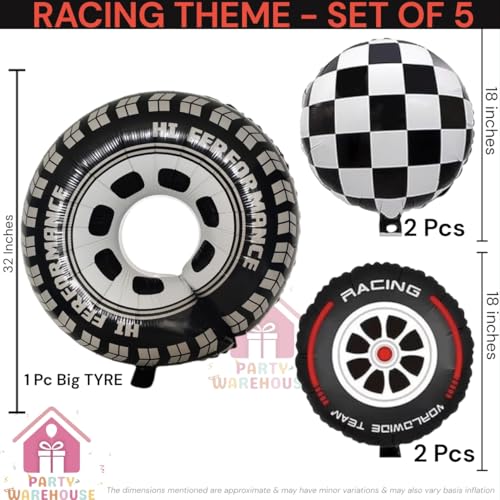 Image of Party Warehouse Racing Car Balloon Set for Birthday - 5 Pieces | Race Car Theme Foil Balloons for Race Lovers | Tyre & Checkered Flag Balloons for Kids /Adults Party Decorations (Tyres Set)