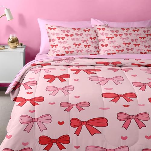 Image of Nesker Bow Comforter Set Full Size, 7 Pieces Bed in a Bag, Pink Bow Bedding Set for Girls, Princess Coquette Heart Comforter Set with 2 Pillowcases & 2 Shams