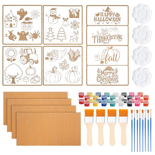 32 Pcs Fall Artificial Coir Doormat Craft Kit 17'' x 30'' DIY Blank Doormat Stencils Paint Paintbrush Palette Entry Rug with Non Slip Backing for Autumn Thanksgiving Halloween Christmas Home Decor