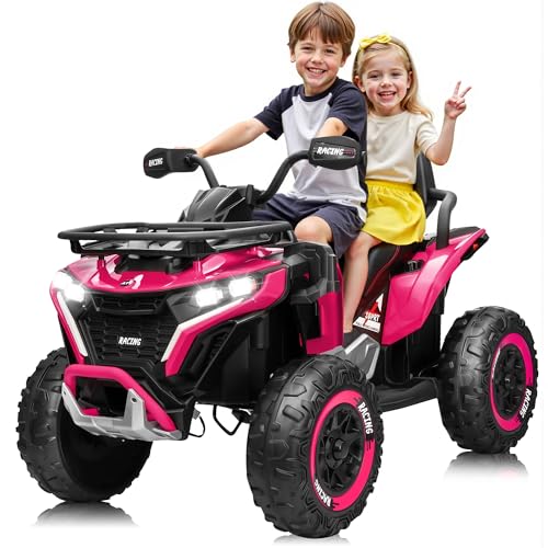 ANRLI 24V Ride on Car, Kids ATV XL Four Wheeler w/EVA Tire, 19-Inch Leather 2 Seater, 4X200W Motor, Remote Control, Knee Pad&Flower, 24 Volt Ride on Toys Electric Quad for Big Kids, Pink