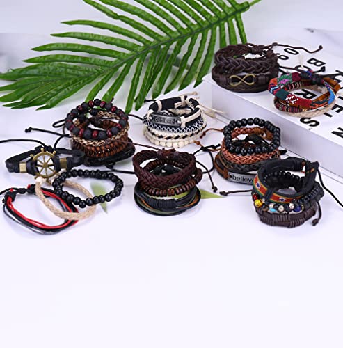 Ubgicig 31Pcs Braided Leather Bracelet For Men Women Wrap Wooden Beaded Bracelet Tribal Bracelet Cuff Multilayered Bracelets Adjustable #TOP6