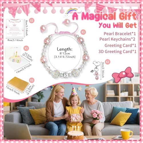 Birthday Gifts Set for Girls with 3D Birthday Card, Adjustable Pearl Charm Bracelet with Keychain for 3 4 5 6 7 8 Year,Birthday Gifts for Daughter Granddaughter Niece Girls 5