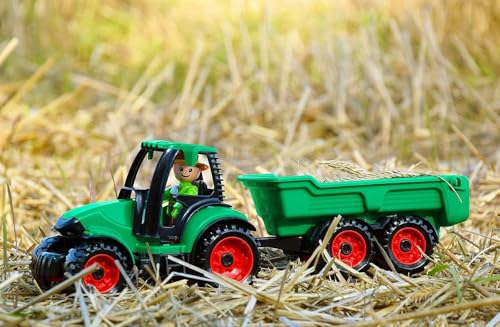Lena Truckies Traktor mit Anhänger 38 cm, grün, Robustes Sandkasten Spielzeug mit abnehmbaren Anhänger, klappbare, Fahrerhaus, Kippmulde & Spielfigur, für Kinder ab 2 Jahren,
