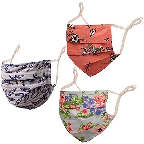 Touchstone Floral Fabric Adjustable filter pocket nose bridge double layer cotton face mask reusable washable for men, women (Pack of 3). Carrot Blue Pink
