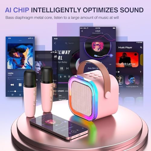 Unyfu Mini Karaoke Machine for Kids, Portable BT Speaker with 2 Wireless Microphones and LED Light Holiday Birthday Gift Toy for Boys and Girls Teens Over 4,5,6,7,8,9,10,11,12+ Years Old(Pink) - 1