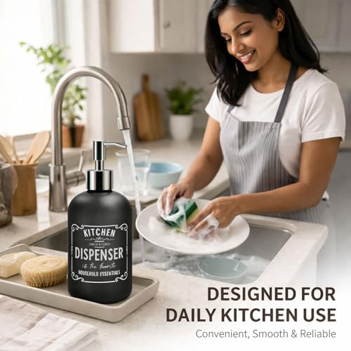 Image of Luxe Home International Kitchen Dispenser Print Glass Soap Dispenser for Bathroom and Kitchen Sink Leak Proof Liquid Hand Wash Round Bottle Lightweight Smooth Finish (19.5x7.5 cm Black) Pack of 1