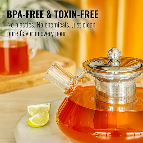 Image of Tea Pot - Glass Kettle for Gas Stove - Borosilicate Glass Teapot with Stainless Steel Infuser, Heat-Resistant, Drip-Free Spout, Ideal for Loose Leaf & Blooming Tea, 1000ml, Golden Brew