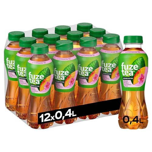Fuze Tea Schwarzer Tee Pfirsich Hibiskus - Fusion aus Tee, Saft und Kräutern mit Kombination aus Pfirsich und Hibiskus - kalorienarmer Eistee aus nachhaltigem Anbau - Einweg Flaschen (12 x 400 ml)