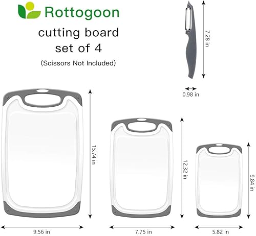 Miniatura 4 de Tabla de cortar para cocina, juego de 4 tablas de cortar de plástico con pies antideslizantes y ranura profunda para jugo, mango de fácil agarre,