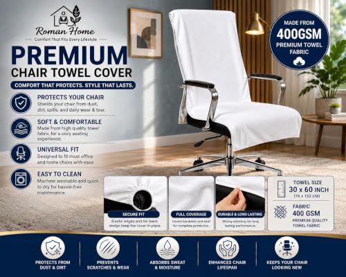 Image of ROMAN HOME 100% Superfine Cotton Solid Large Luxury Office Chair Towel with Tie Knot 450 GSM - (Pack of 1) Original Product AS PER Picture Shown (1, ch White)