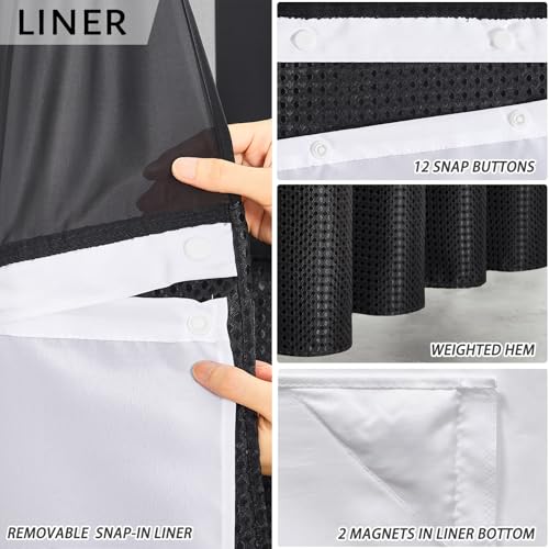 Image of Furlinic Extra Long No Hook Waffle Weave Shower Curtain with Snap in Fabric Liner Set,Heavy Duty Bathroom Curtains with See Through Window,Machine Washable & Waterproof,Black,71x84 Inch