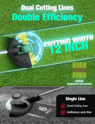 Image of KIMO Weed Wacker Cordless Battery Powered w / 2 x 2.0Ah Batteries, 2-in-1 String Trimmer & Edger with Charger & Wheels, 12 inch Dual-Sided Cutting Lines (10Pcs), Electric Weed Eater 20V for Lawn Yard
