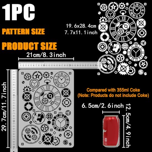 FINGERINSPIRE Vintage Clock Stencil for Painting 21x29.7cm Reusable Gear Clock Painting Stencil Steampunk Gears Template Art Gear Chronograph Plastic Stencil for Painting on Wood Wall Furniture - Image 2
