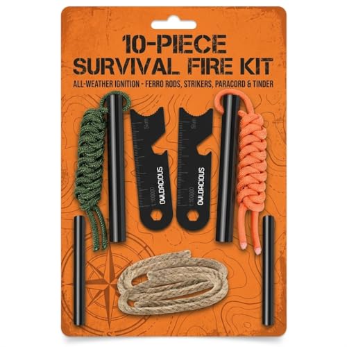 Owldacious Fire Starter Survival Kit – 4 Ferro Rods (4', 3.2', 2×2.4'), 2 Strikers, 2 Tinder Wicks (13' Each), and 2 Paracords (40“ Each). Flint and Steel Emergency Tool.
